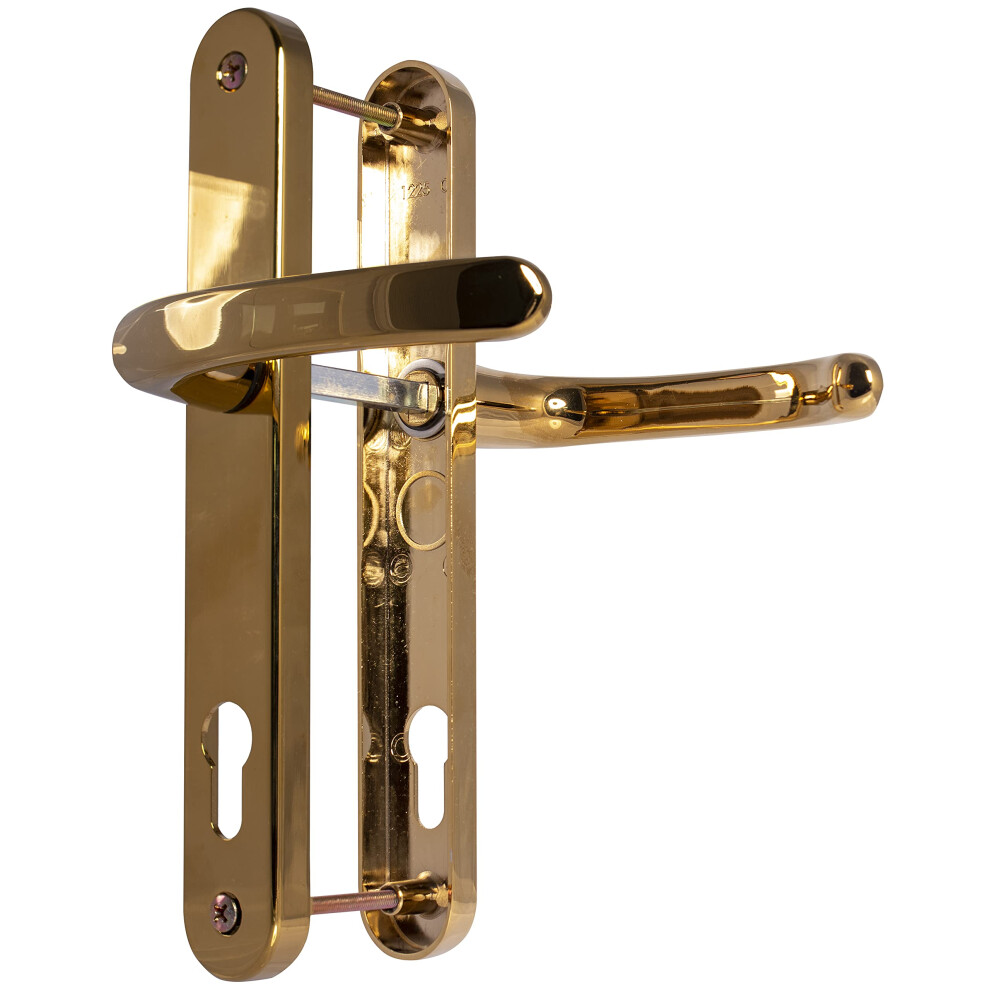Upvc Door Handles - Polished Brass - Lever/Lever - 92Mm Pz (Centres) - 210Mm Screw To Screw - Backplate 242Mm X 34Mm - Upvc Door Handle - External 5051222386088