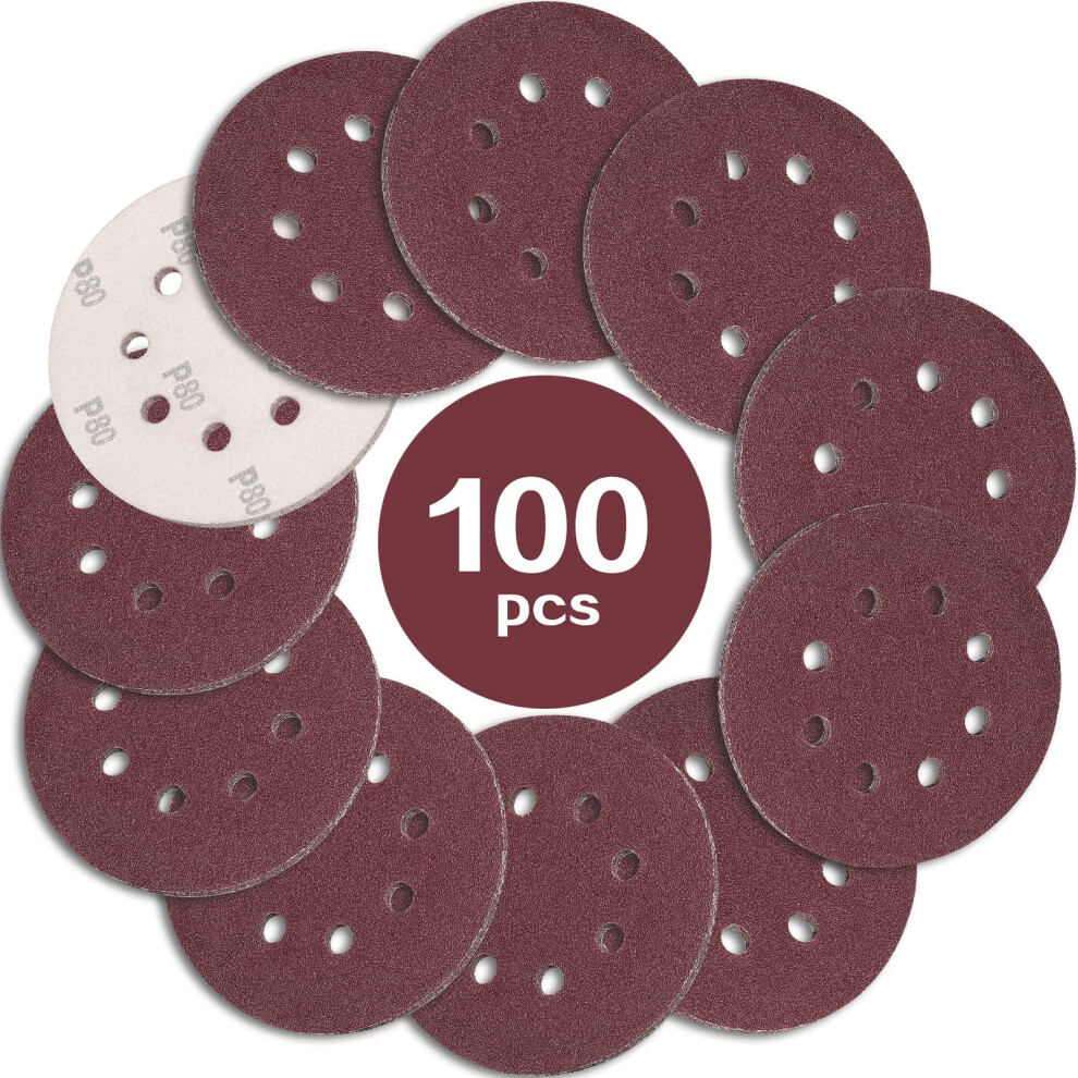 Stebruam 100Pcs 125Mm Sanding Discs 80 Grit, 5 Inch 8 Hole Hook And Loop Sanding Pads For Random Orbital Sander 5051222385708