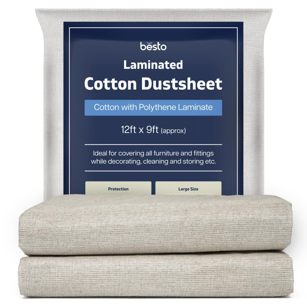 Pack Of 2 Cotton Dust Sheets For Decorating, Waterproof 12Ft X 9Ft Dust Sheets Twill Laminated Polythene Backed Reusable Paint Sheets For Floor, 5051222386767