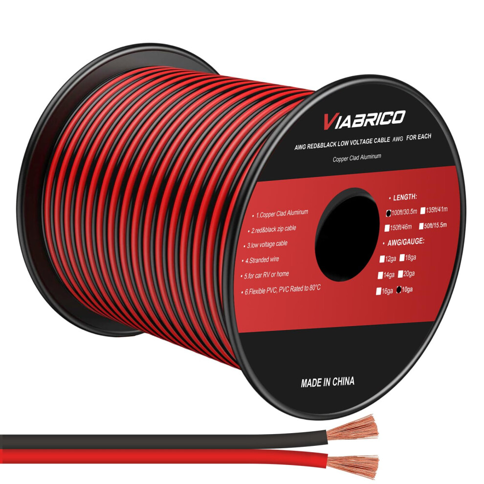 Viabrico 10Awg 100Ft Electrical Wire Cable 2 Conductors Red Black Cable Hookup Led Lighting Strips Flexible Wire Extension Cord 10 Gauge Copper Clad 5051222384909