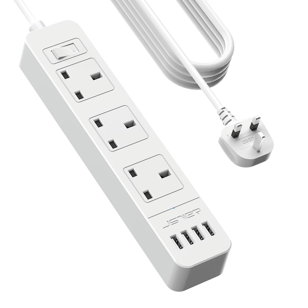 Jsver Extension Lead Usb,Power Socket With 3 Way 4 Usb Charging Station Power Strip 3250W 13A With 5M Power Cord For Home And Office-White 5051222391396