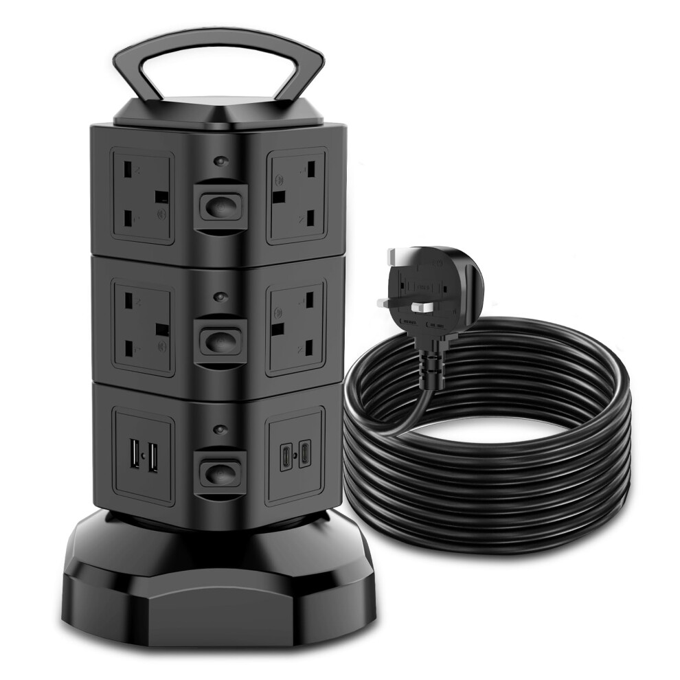 Tower Extension Lead 2M, 10 Way (13A 3000W) Surge Protected Extension Sockets With 2 Usb C And 2 Usb A, Multi Plug Socket With 3 Independent 5051222391266