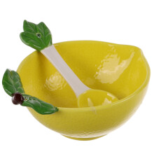 Ceramic Serving Bowl with Spoon, Decorative Lemon Design for Fruit, Snacks, Salads and Desserts