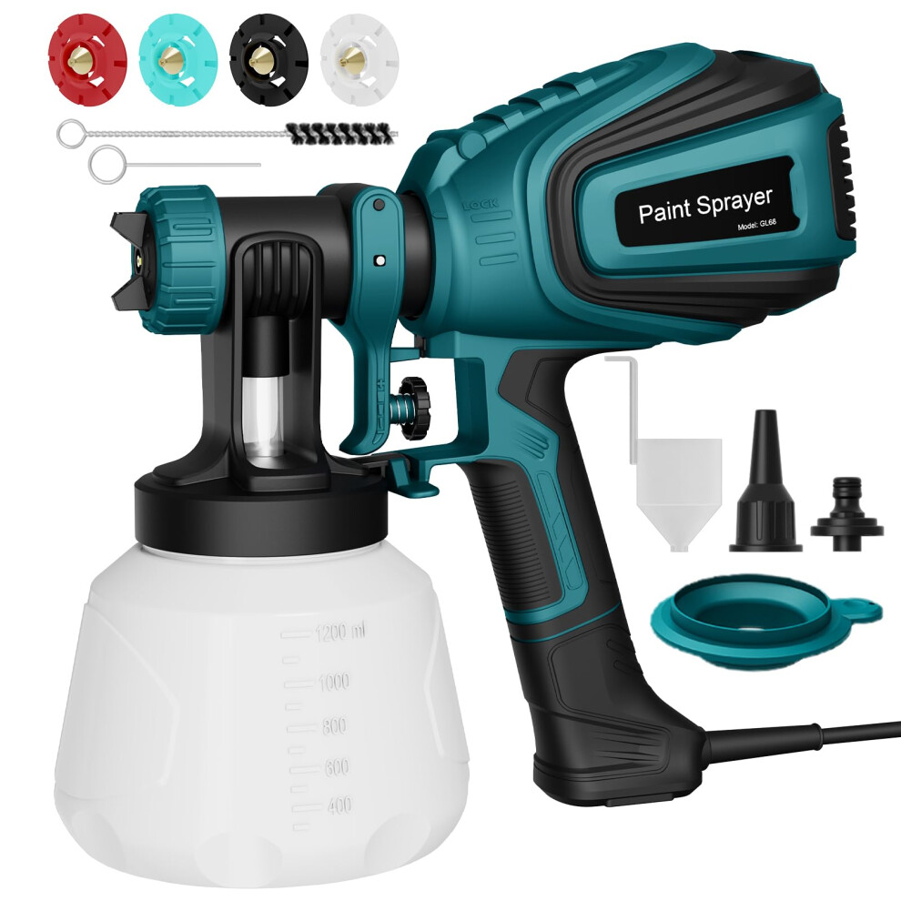 Paint Sprayer, 700W Hvlp Electric Spray Gun, 1200Ml Container, 1000 Ml/Min With Cleaning & Blowing Joints, 4 Nozzles & 3 Patterns, Adjustable Flow, 5051222395233