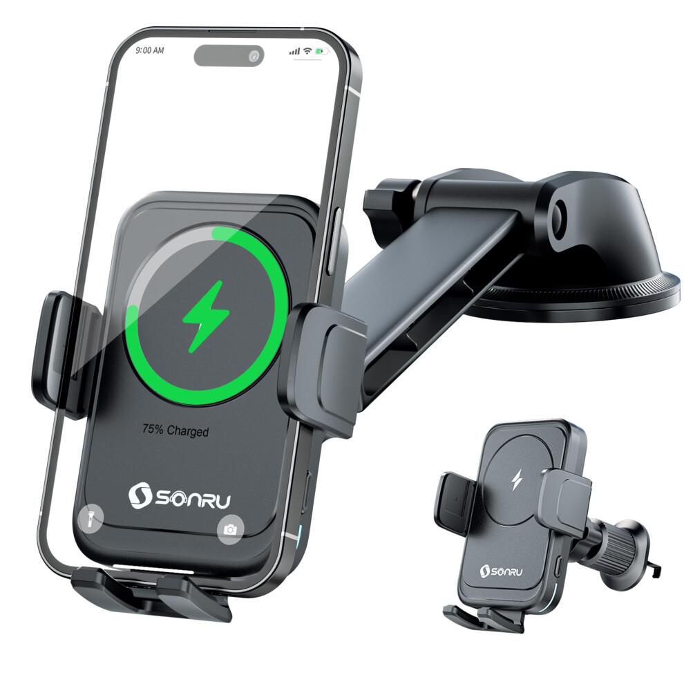 Sonru Car Phone Holder Wireless Charger, Qi 15W Wireless Car Charger Fast Charging Auto Clamping Car Charger Mount Suction Holder Dashboard Air Vent 5051222404331