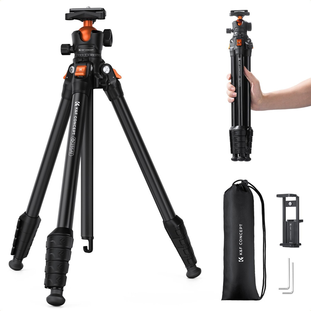K&F Concept 64"/163Cm Compact Camera Tripod, Lightweight Travel Tripod For Dslr Camera And Phone, Video Tripod Stand With Phone Clip, Bluetooth, 5051222399262