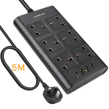 6 Way Extension Lead 5M, AUOPLUS Multi Plug Extension Lead with USB Solts, Overload Protection Power Strip, Black Extension Socket for TV PC Laptops