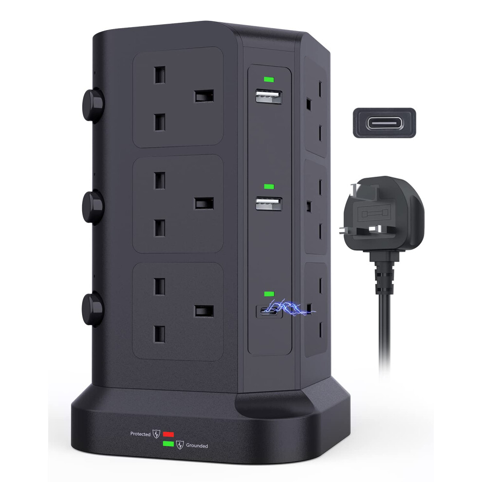 Koosla Dual 20W Usb C Tower Extension Lead [Pd 3.0/Qc 3.0], 12 Way Extension Tower With 4 Usb A Output [13A 3250W] Surge Protected Plug Extension For 5051222407677