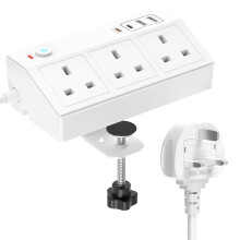 Desk Extension Lead with USB Slots, HAFINO PD 20W Fast Charging Power Station, 2M White Desk Power Socket with Removable Clamp, Desktop Power Strip