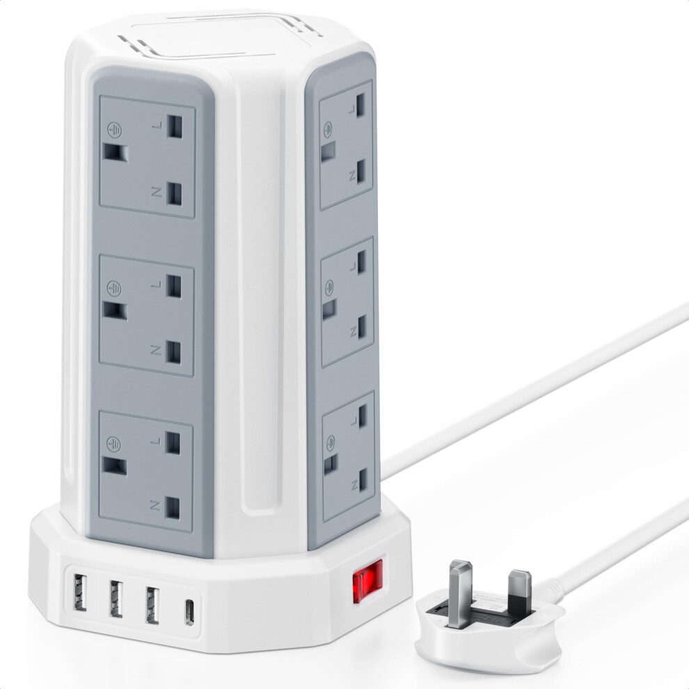 Tower Extension Lead, Aodeng 12 Way Extension Tower Multi Plug Extension Sockets With 4 Usb Slots, [13A 3250W] Surge Protector Long Extension Cable 5051222406755