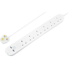 Masterplug 6 Gang Extension Lead with 2 x USB Charging Sockets, 1 Metre, White