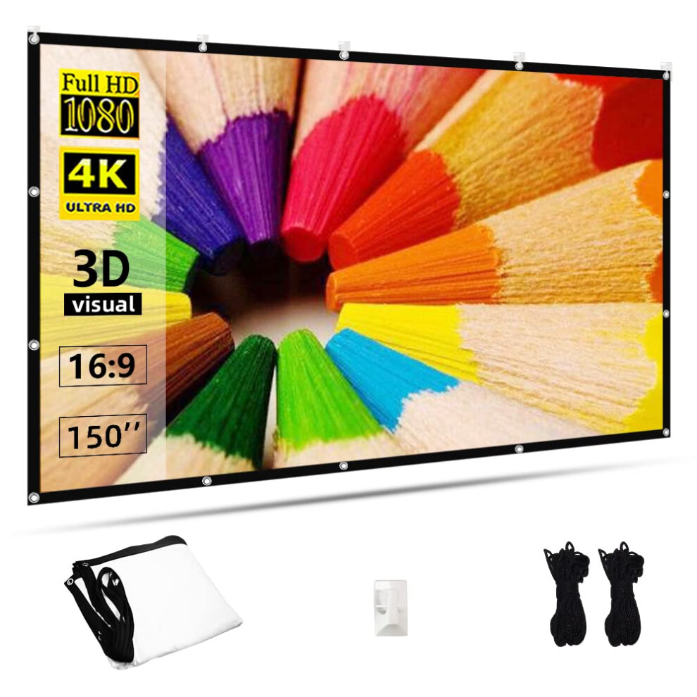 Projector Screen 150 Inch,Towond 16:9 Hd 4K Foldable Anti-Crease Portable Projection Movies Screen For Home Backyard Theater Outdoor Indoor Support 5051222412107
