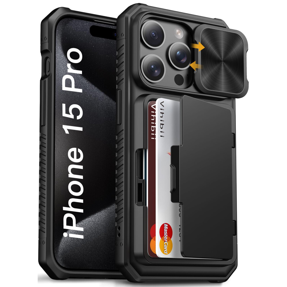 Vihibii For Iphone 15 Pro Case With Card Holder (4 Cards) & Slide Camera Cover & Kickstand, Shockproof Rugged Hard Back & Tpu Soft Edge Wallet Phone 5051222410936