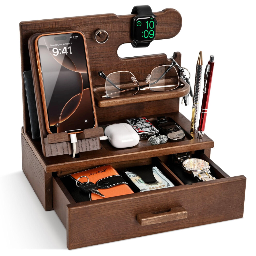 Teslyar Wood Phone Docking Station With Drawer - Nightstand Organizer - Desk Organizer For Husband - Birthday Gifts For Men, Dad, Anniversary Idea, 5051222410318
