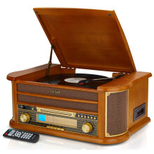 Denver 8-in-1 CD Bluetooth Cassette Player Retro Wooden Record Player HiFi System ? 3 Speed Vinyl Turntable & Cassette With CD Player, FM/AM Radio,