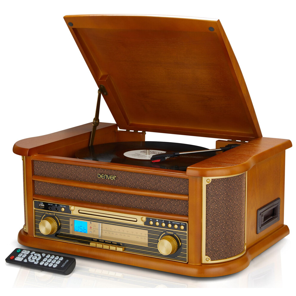 Denver 8-In-1 Cd Bluetooth Cassette Player Retro Wooden Record Player Hifi System ? 3 Speed Vinyl Turntable & Cassette With Cd Player, Fm/Am Radio,