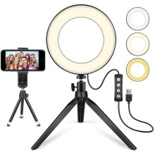 LED Ring Light 6" with Tripod Stand for Desk YouTube Video and Makeup, Mini LED Camera Light with Cell Phone Holder Desktop LED Lamp with 3 Light