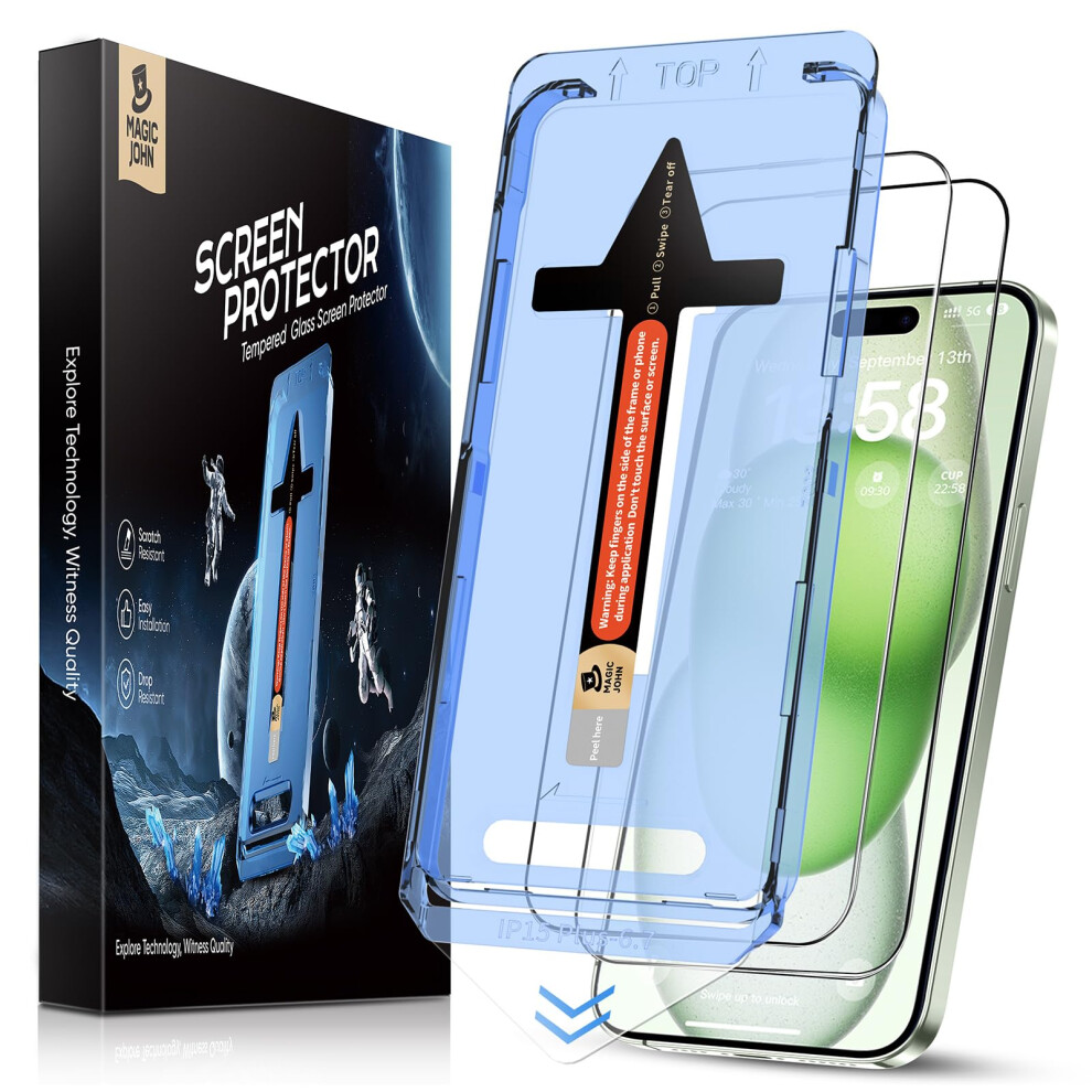 Magic John 2 Pack For Iphone 15 Plus 6.7 Inch Tempered Glass Screen Protector, Auto Dust-Elimination Installation, Bubble Free, Dynamic Island 5051222415399