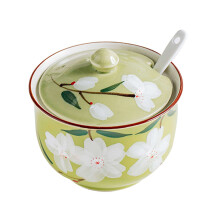 Hand Painted Ceramic Sugar Bowl with Lid and Spoon, Japanese Sakura Storage Jar 300ml Green