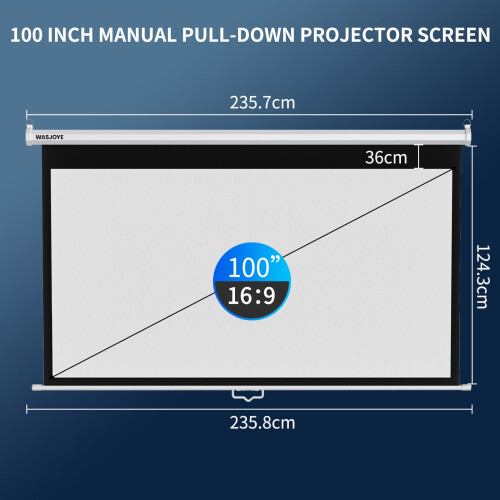 WASJOYE Manual Pull-Down Projector Screen - 100-inch Roll-Down Retractable Manual Projection Screen w/Auto-Locking, Adjustable Screen Height, Black 1