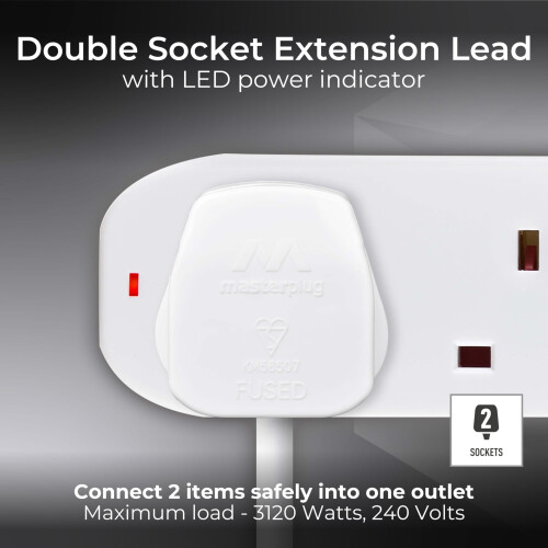 Masterplug Two Socket Double Extension Lead, 10 Metre Cable, Power LED Indicator, Unswitched, 2-Way Plug Extension Cable, Power Strip, Basic Power, 1
