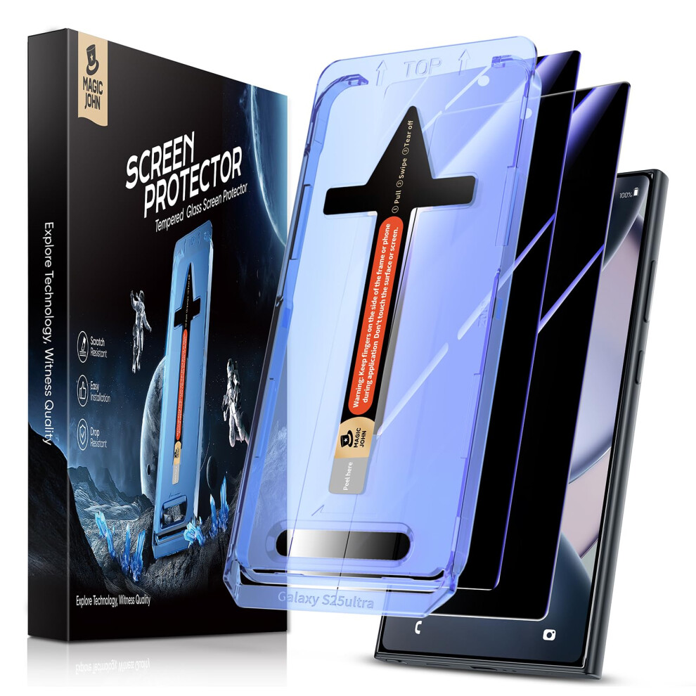 Magic John 2 Pack For Samsung Galaxy S25 Ultra Privacy Tempered Glass Screen Protector, Bubble Free, Easy Installation, Auto Dust-Elimination, Case 5051222421376