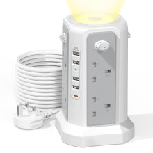 Tower Extension Lead 3M with PD20W USB C and Night Light, 8 Way Plug Extension Tower Surge Protection with 4 Independent Switch and 5 USB Slots,