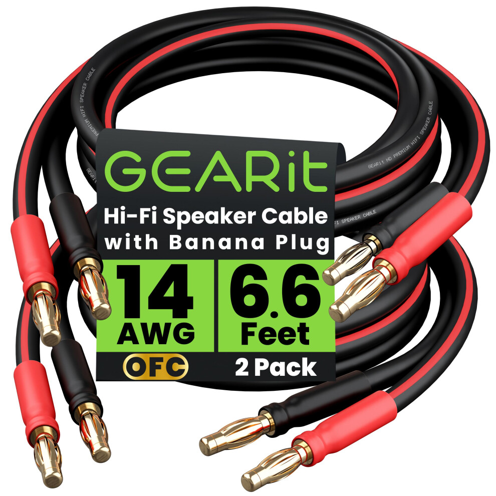 Gearit 14 Awg Speaker Cable With Banana Plugs (2 Pack, 6.6 Feet - 2 Meter) - 14Ga Gauge Banana Wire For Bi-Wire Bi-Amp Hifi Surround Sound - 99.9% Ofc 5051222425947