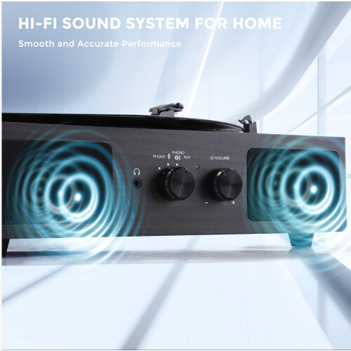 Hernido Vinyl Record Player, Belt-Driven 3-Speed Turntable, Bluetooth Speaker with Input & Output Function, Supports AUX-in, RCA Output, Headphone 2