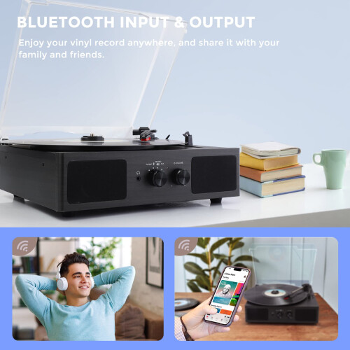 Hernido Vinyl Record Player, Belt-Driven 3-Speed Turntable, Bluetooth Speaker with Input & Output Function, Supports AUX-in, RCA Output, Headphone 1