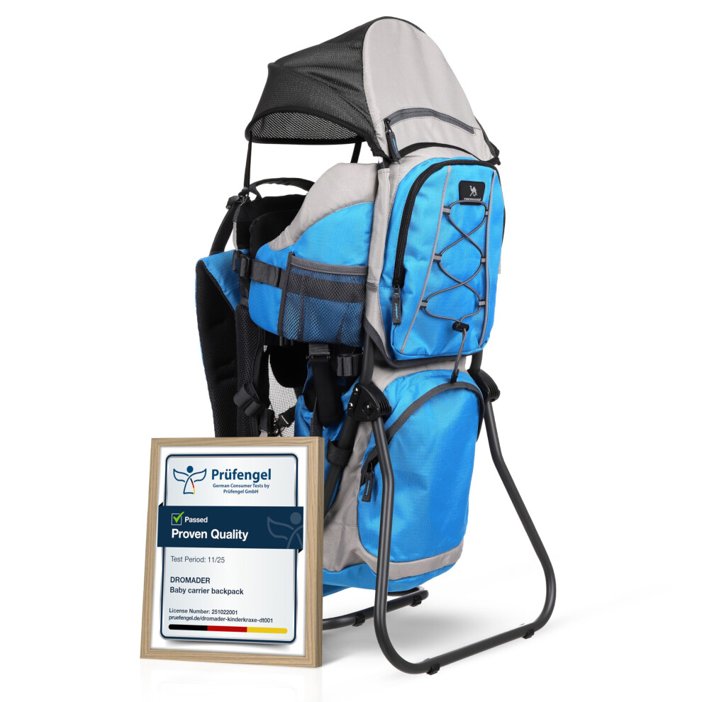 Baby Carrier Backpack - Toddler Hiking Backpack With Sun Canopy, Rain Cover, Insulated Pouch, Changing Mat & One-Hand Foldable Frame ? Blue Dromader