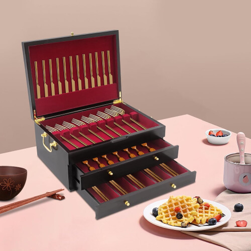 Wooden Silverware Organizer with Handle, Three Layer Flatware Storage Box with Red Felt Lining 2