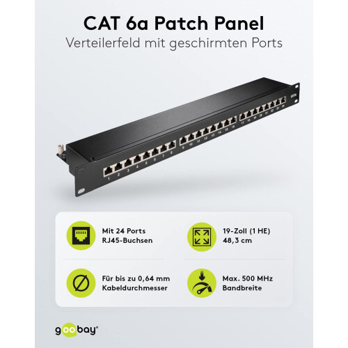 Goobay 90854 CAT 6a 48.3cm Patch Panel, 24 Port, Black 1