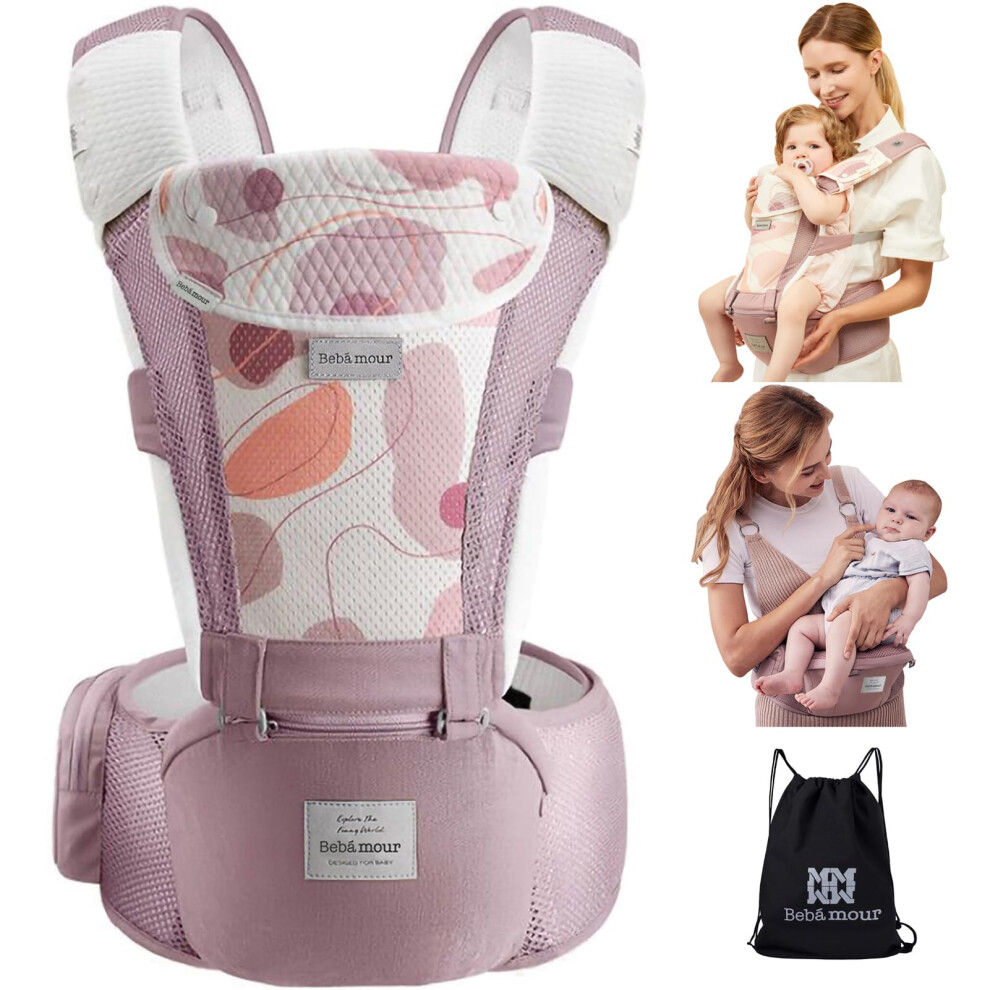 Bebear Bebamour Baby Carrier Newborn To Toddler Baby Carrier Hipseat 0-36Months With Head Hood, 3 Pcs Teething Pads, Waist Extender, Pink