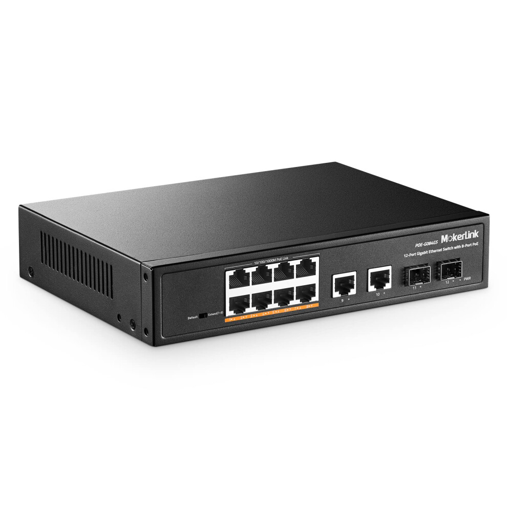 Mokerlink 12 Port Gigabit Poe Switch, 8 Ge Poe+, 2 Ge Uplink, 2 Gigabit Sfp, 120W 802.3Af/At Poe, Fanless Plug & Play Ethernet Switch 5051222451281