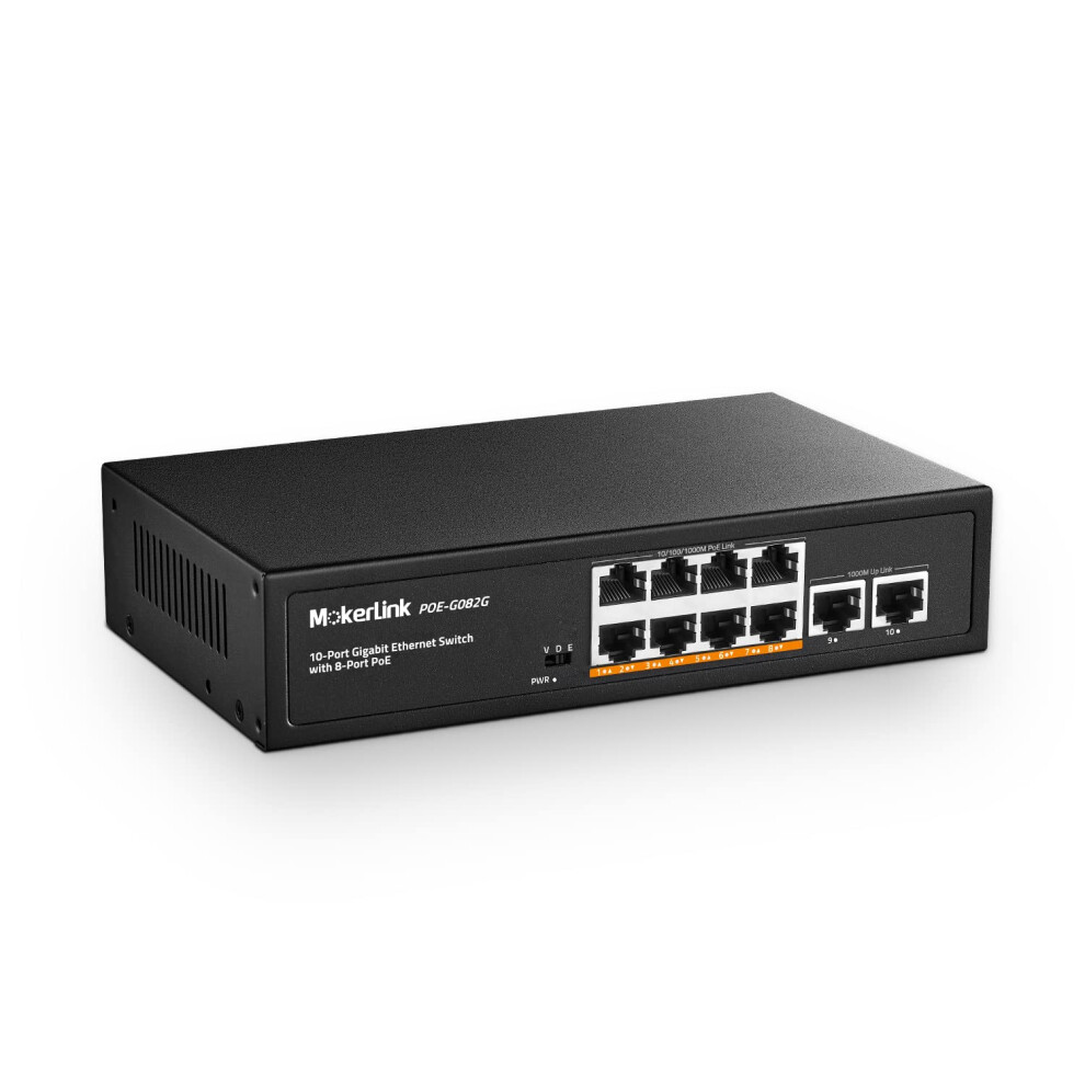 Mokerlink 10 Port Gigabit Poe Switch, 8 Ge Poe+, 2 Ge Uplink, 10/100/1000Mbps, 120W 802.3Af/At Poe, Fanless Plug & Play Ethernet Switch (10X1g Poe) 5051222451502