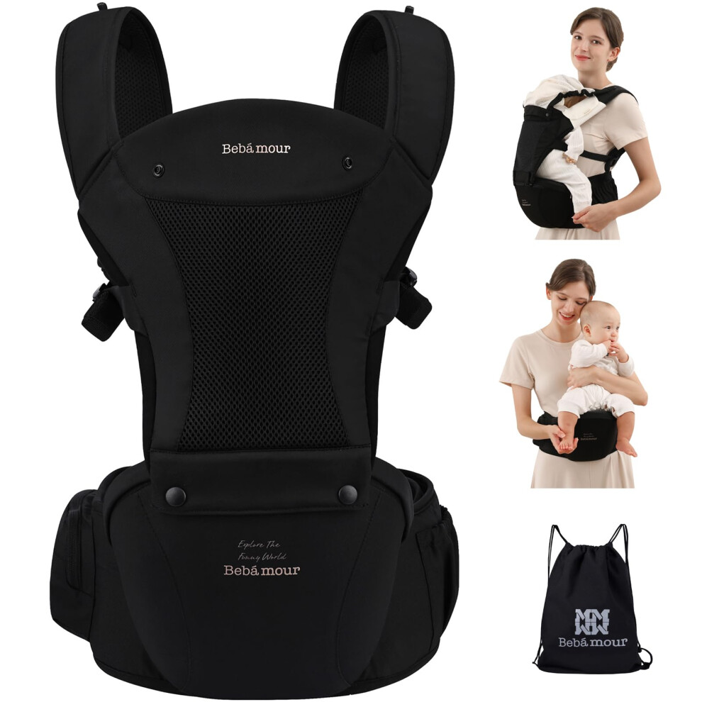 Bebamour Baby Carrier Newborn To Toddler Baby Carrier Hipseat 0-36Months With Head Hood, 3 Pcs Teething Pads, Waist Extender, Black Bebear