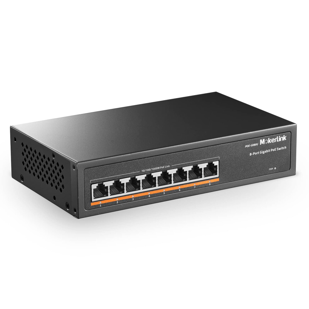 Mokerlink 8 Port Gigabit Poe Switch, 8 Poe+ Ports 1000Mbps, 802.3Af/At 120W, Unmanaged Plug And Play, Sturdy Metal Fanless 5051222455678