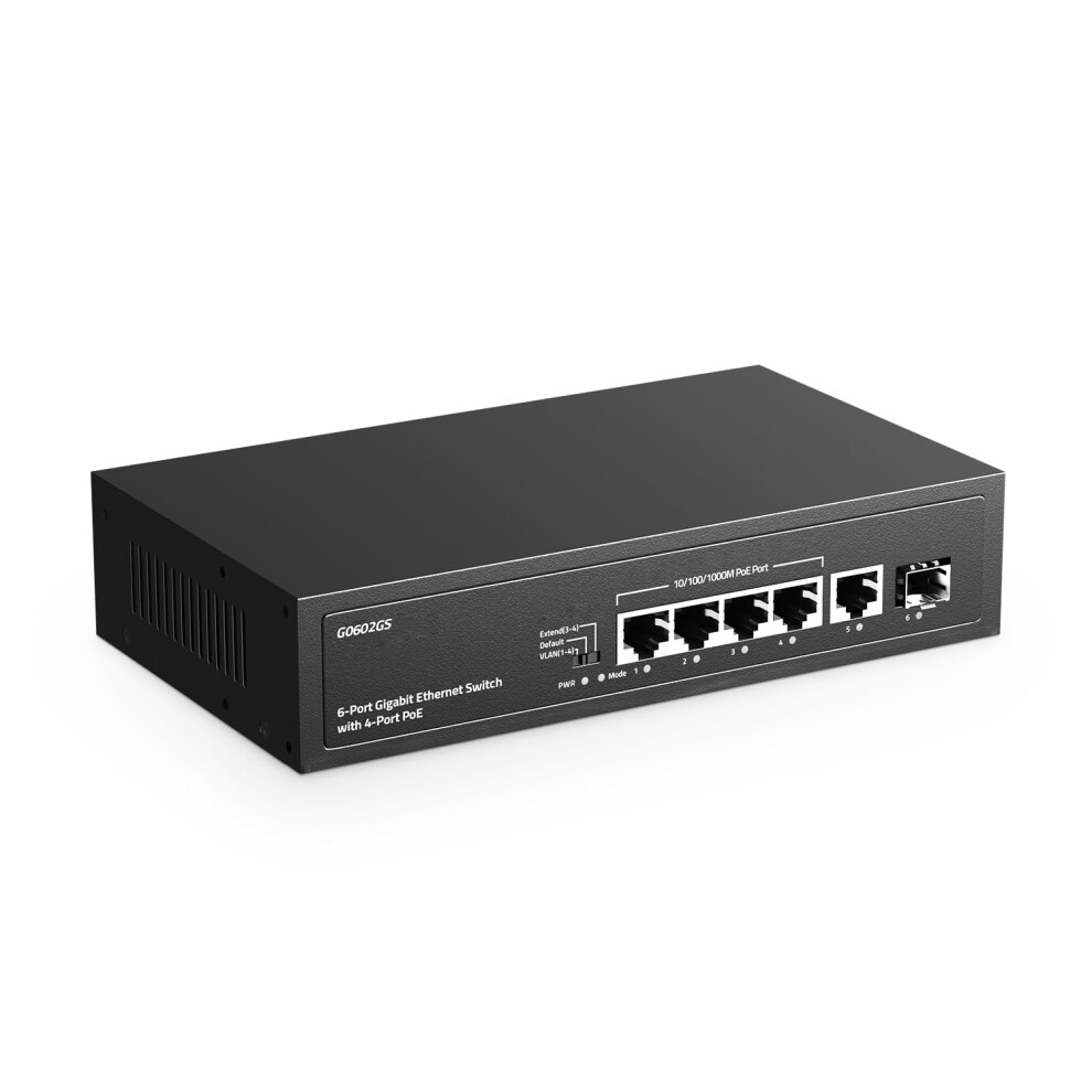 Yulinca 6 Port Gigabit Poe Switch, 4 Poe 1 Uplink 1 Sfp, 100/1000Mbps, Ieee802.3af/At, Max 65W, Port-Based Vlan, 250M Poe Extend, Fanless Unmanaged 5051222455876