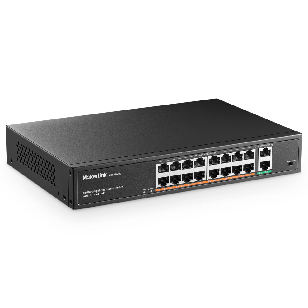 Mokerlink 16 Port Gigabit Poe Switch, 2 Gigabit Uplink, 250W Ieee802.3af/At, Rackmount Unmanaged Plug And Play Ethernet Switch 5051222455623