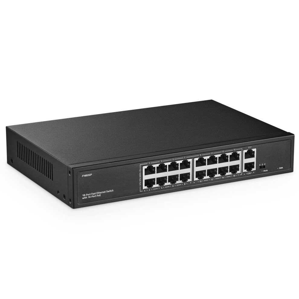 16 Port Poe Switch, 10/100Mbps Poe+ Ports, 2 Gigabit Ethernet Uplink, Ieee802.3af/At, Max 200W, Vlan & Poe Extend 250M, Rackmount Fanless Unmanaged 5051222455852