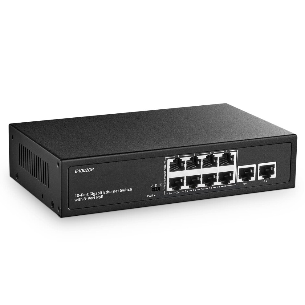 10 Port Gigabit Poe Switch, 8 Port Poe+ And 2 Uplink, 10/100/1000Mbps, Ieee802.3af/At Max 120W, Fanless Unmanaged Plug&Play Ethernet Switch 5051222455838