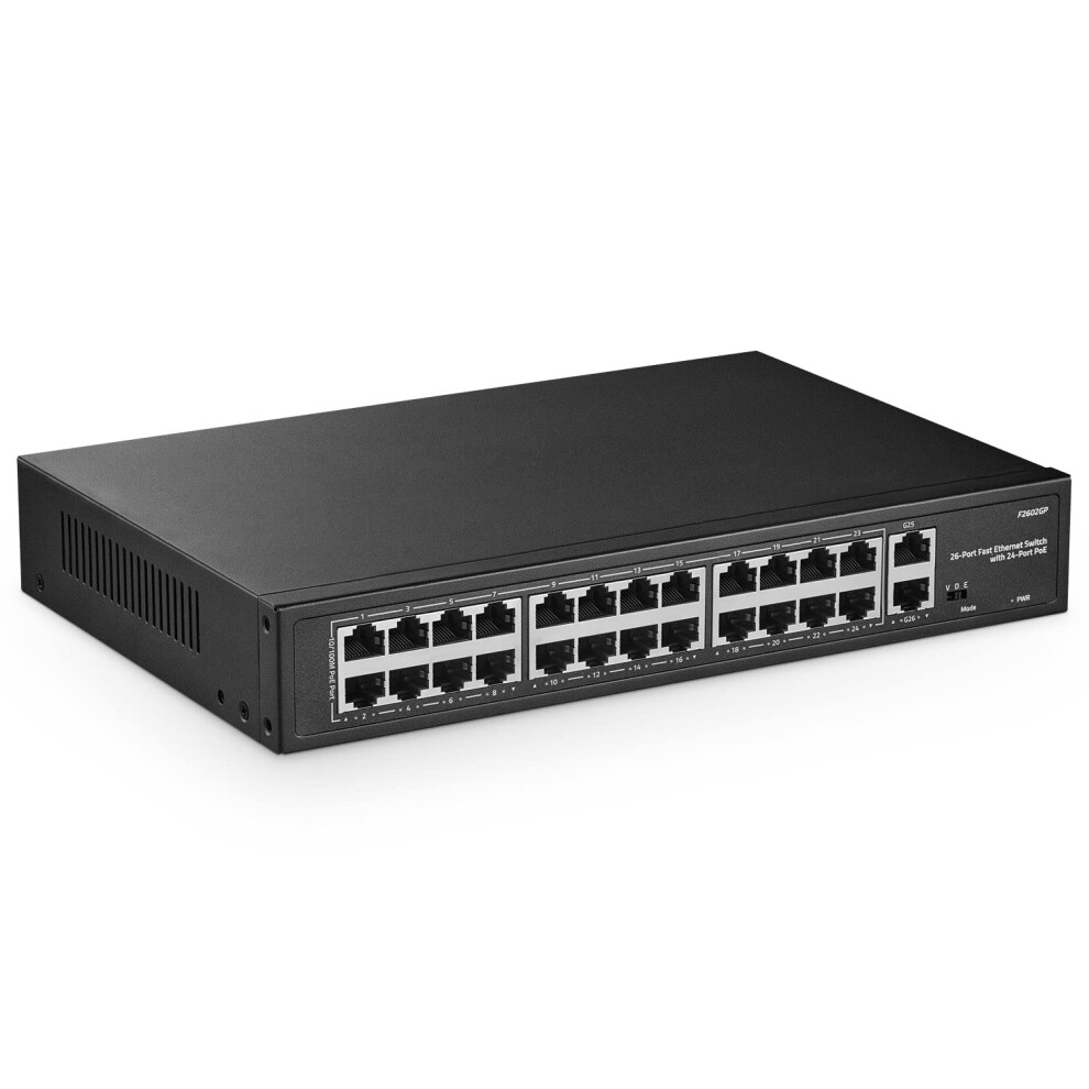 24 Port Poe Switch, 10/100Mbps Poe+ Ports, 2 Gigabit Ethernet Uplink, Ieee802.3af/At, Max 300W, Vlan & Poe Extend 250M, Rackmount Fanless Unmanaged 5051222455845