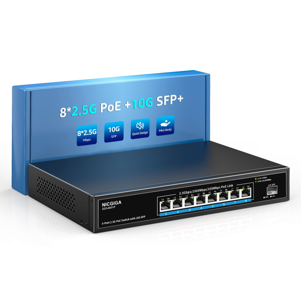 8 Port 2.5G Poe Switch Unmanaged With 8 X 2.5Gb Base-T Poe+@120W + 10G Sfp Uplink, Nicgiga 2.5Gbe Ieee802.3af/At Power Over Ethernet Switch, Support 5051222453087
