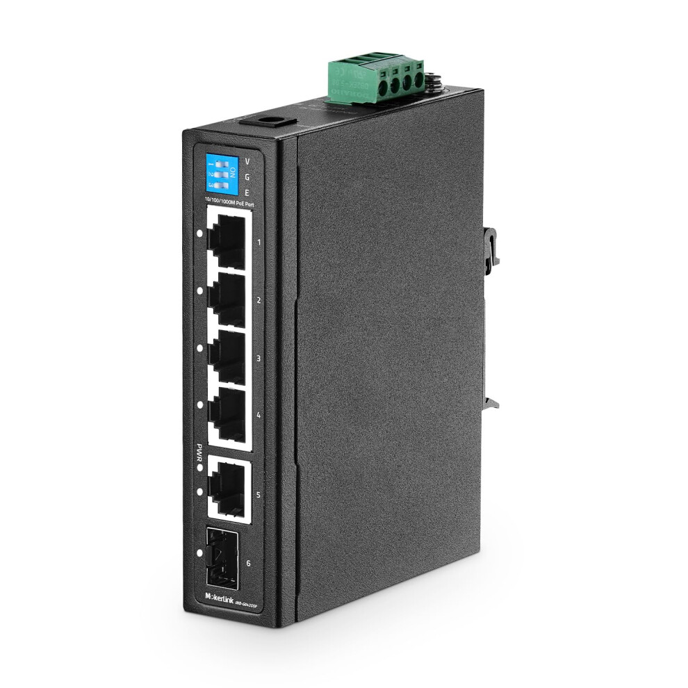 Mokerlink 6 Port Industrial Din Rail Gigabit Poe Switch, 4 X 100/1000Mbps Poe Ports,Ieee802.3af/At Poe+, 1 Gigabit Uplink, 1 Gigabit Sfp, Metal 5051222457818