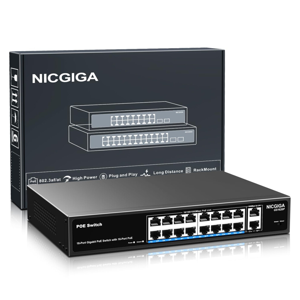16 Port Gigabit Poe Switch Unmanaged, 16 Port Poe+@250W, 2 Gigabit Uplink Ports, Nicgiga 18 Port Gigabit Network Power Over Ethernet Switch, Vlan 5051222457290