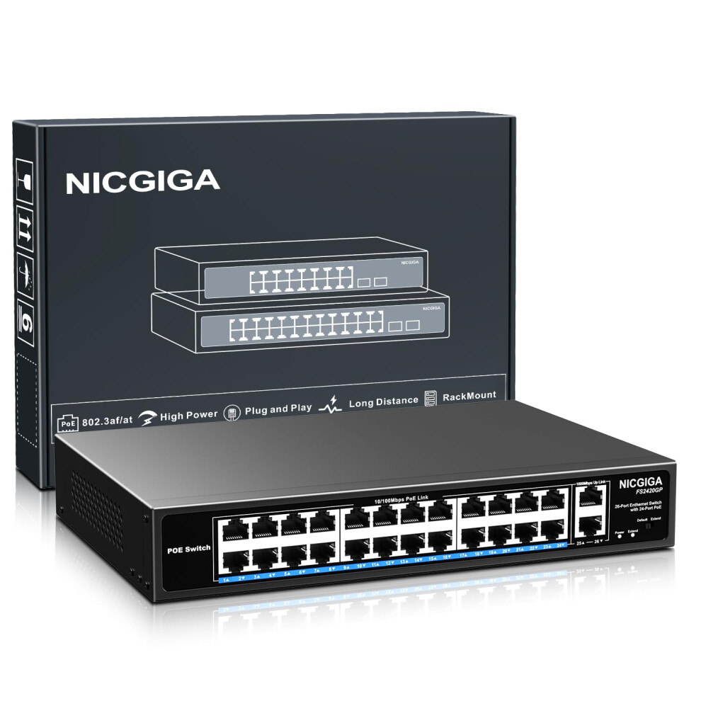 24 Port Poe Switch Unmanaged, 24 Port Poe+@400W, 2 Gigabit Uplink Ports, Nicgiga 26 Port Network Power Over Ethernet Switch, Vlan Mode, 250M Extend, 5051222458143