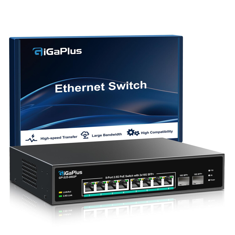 10 Port 2.5Gb Unmanaged Poe Switch With 8*2.5G Base-T Poe Ports, 2*10G Sfp+ Uplink, 802.3Af/At (Poe+), 80Gbps Switching Capacity, Gigaplus 2.5G Poe 5051222455494