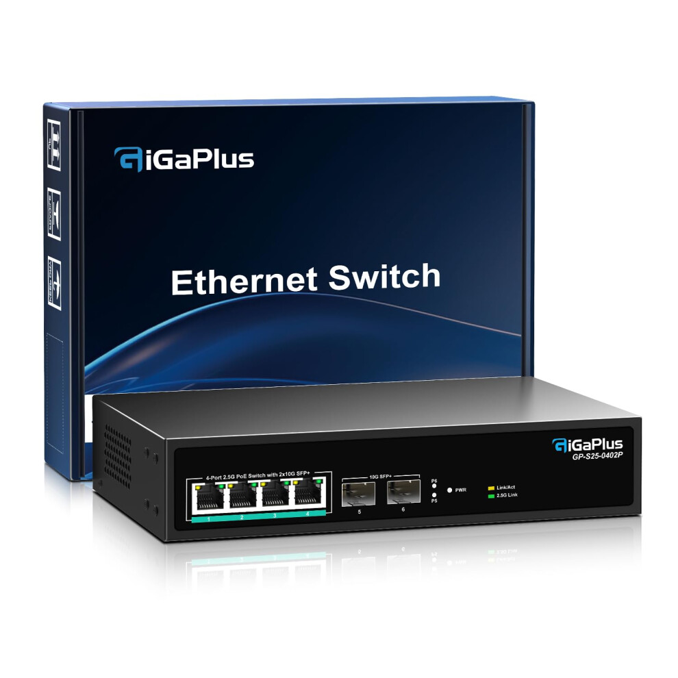 6 Port 2.5Gb Unmanaged Poe Switch With 4*2.5G Base-T Poe Ports, 2*10G Sfp+ Uplink, 802.3Af/At (Poe+), 60Gbps Switching Capacity, Gigaplus 2.5G Poe 5051222455463