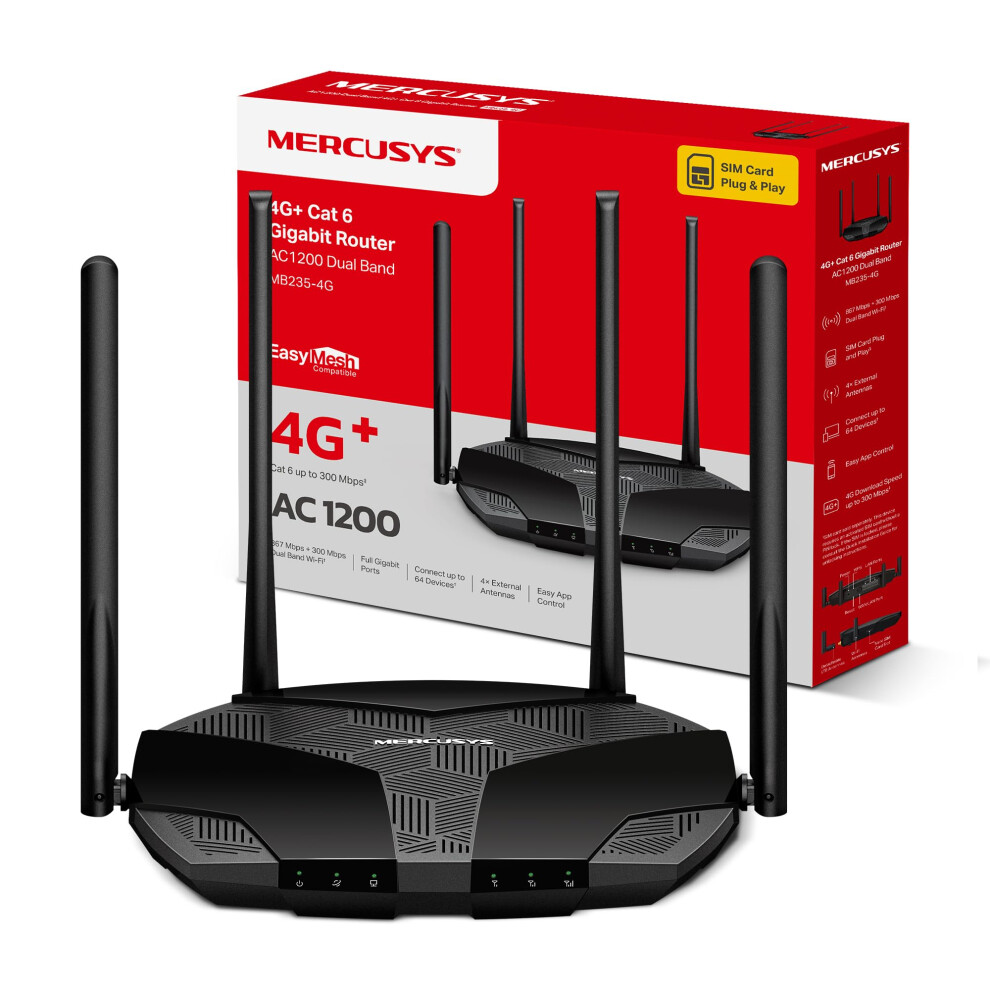 Mercusys Mb235-4G Cat6 Ac1200 Routers,4G Router With Sim Slot, Dual-Band Tp-Link Wifi Router,Easymesh,4G Lte Plug And Play,Vpn Encryption,Detachable 5051222457894